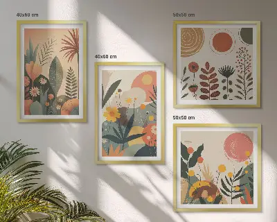 Billedvæg over sofa med boho plante- og varmemønstre