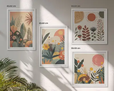 Billedvæg over sofa med boho plante- og varmemønstre