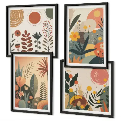 Billedvæg over sofa med boho plante- og varmemønstre
