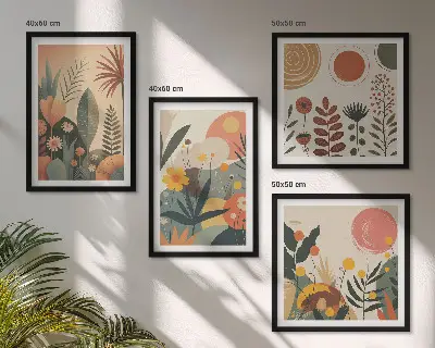 Billedvæg over sofa med boho plante- og varmemønstre