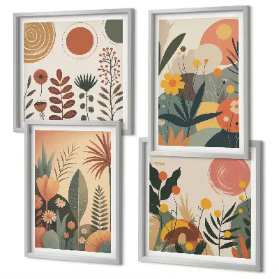 Billedvæg over sofa med boho plante- og varmemønstre