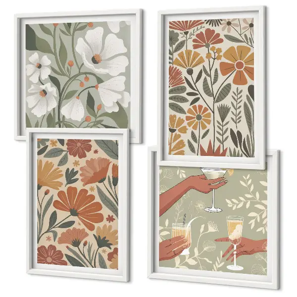 Billedsæt med ramme med motiv af blomstermønstre i orange og grøn