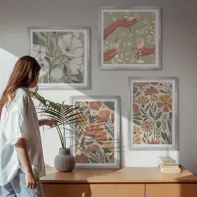 Billedsæt med ramme med motiv af blomstermønstre i orange og grøn