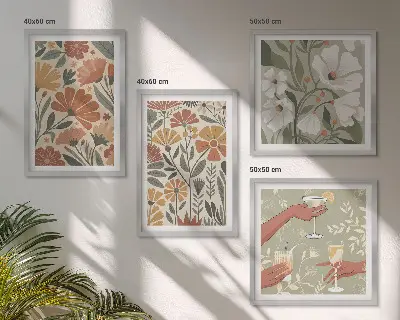 Billedsæt med ramme med motiv af blomstermønstre i orange og grøn