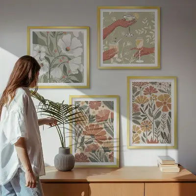 Billedsæt med ramme med motiv af blomstermønstre i orange og grøn