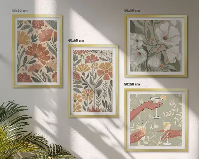 Billedsæt med ramme med motiv af blomstermønstre i orange og grøn