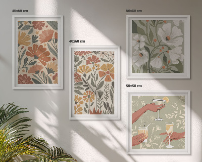 Billedsæt med ramme Blomstermønstre orange grøn