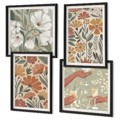 Billedsæt med ramme med motiv af blomstermønstre i orange og grøn