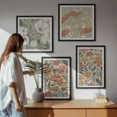 Billedsæt med ramme med motiv af blomstermønstre i orange og grøn