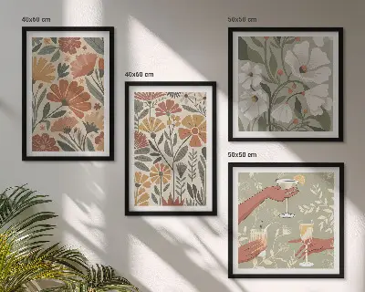 Billedsæt med ramme med motiv af blomstermønstre i orange og grøn