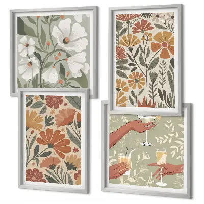 Billedsæt med ramme med motiv af blomstermønstre i orange og grøn