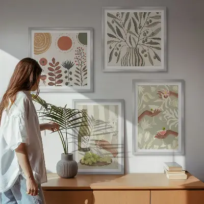 Billedvæg over sofa med motiv af rustikke cocktails med olivenblomster