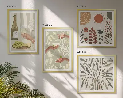 Billedvæg over sofa med motiv af rustikke cocktails med olivenblomster