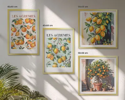 Billedvæg over sofa med frugtagtige citrusmønstre