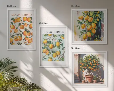 Billedvæg over sofa med frugtagtige citrusmønstre