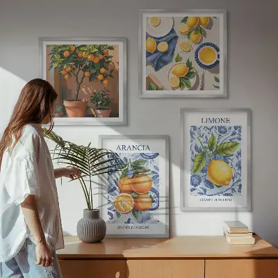 Illustrationer af citrusfrugter billedvæg over sofa