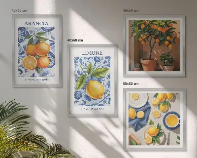 Illustrationer af citrusfrugter billedvæg over sofa