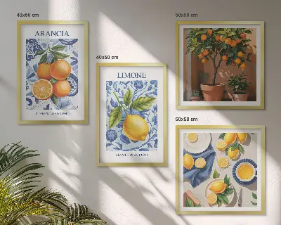 Illustrationer af citrusfrugter billedvæg over sofa