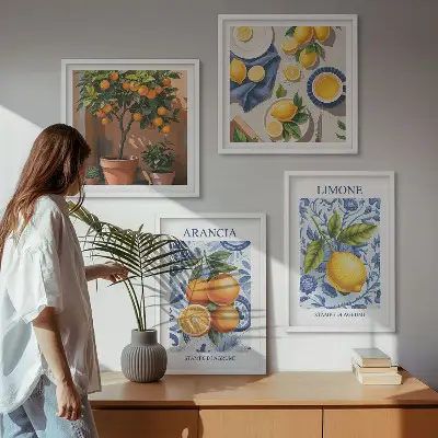 Illustrationer af citrusfrugter billedvæg over sofa