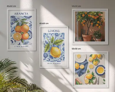 Illustrationer af citrusfrugter billedvæg over sofa