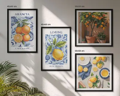 Illustrationer af citrusfrugter billedvæg over sofa