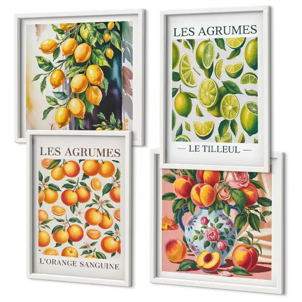Billedsæt med ramme motiver af friske farverige citrusfrugter