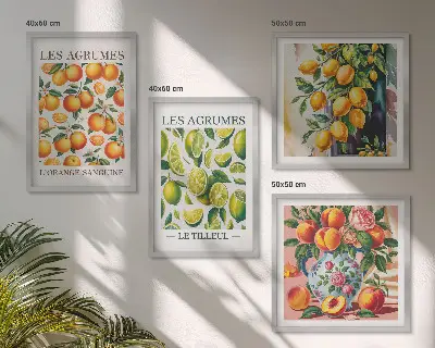 Billedsæt med ramme motiver af friske farverige citrusfrugter
