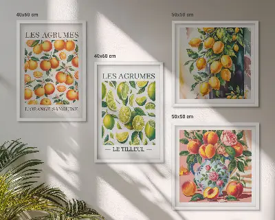 Billedsæt med ramme motiver af friske farverige citrusfrugter