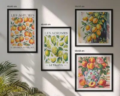 Billedsæt med ramme motiver af friske farverige citrusfrugter