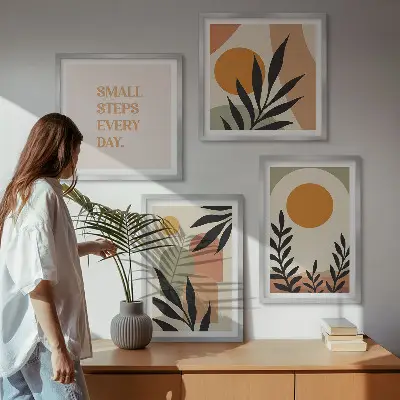 Abstrakte plantemotiver billedvæg til over sofaen