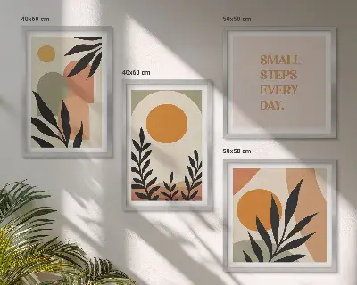 Abstrakte plantemotiver billedvæg til over sofaen