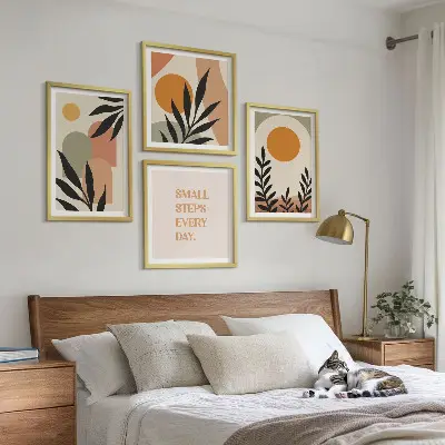 Abstrakte plantemotiver billedvæg til over sofaen