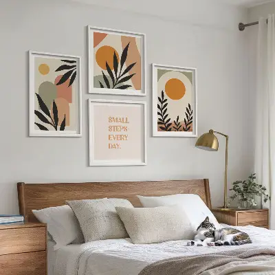 Abstrakte plantemotiver billedvæg til over sofaen