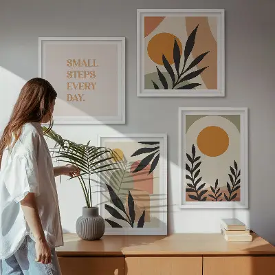 Abstrakte plantemotiver billedvæg til over sofaen