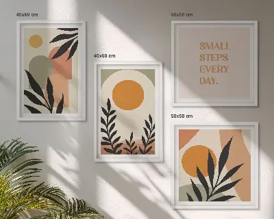 Abstrakte plantemotiver billedvæg til over sofaen