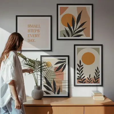 Abstrakte plantemotiver billedvæg til over sofaen