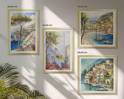 Akvarel af italienske byer billedsæt med ramme