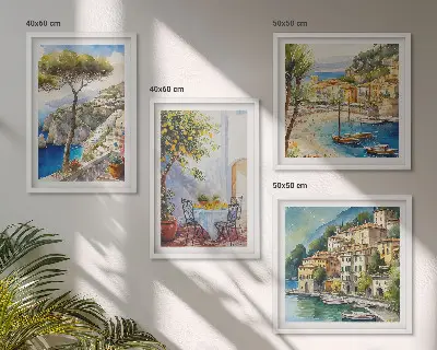 Akvarel af italienske byer billedsæt med ramme