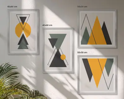 Billedvæg med abstrakte geometriske former til over sofaen