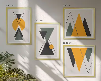 Billedvæg med abstrakte geometriske former til over sofaen