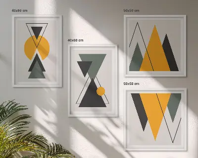 Billedvæg med abstrakte geometriske former til over sofaen