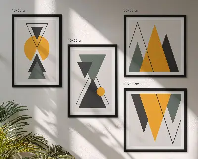Billedvæg med abstrakte geometriske former til over sofaen