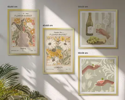 Billedvæg over sofa med blomstermønstre fra europæiske byer