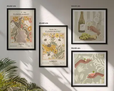 Billedvæg over sofa med blomstermønstre fra europæiske byer