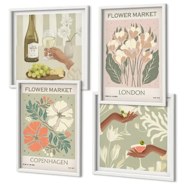 Blomsterplakat med vinby-motiv til væggen over sofaen