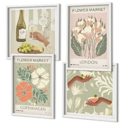 Blomsterplakat med vinby-motiv til væggen over sofaen
