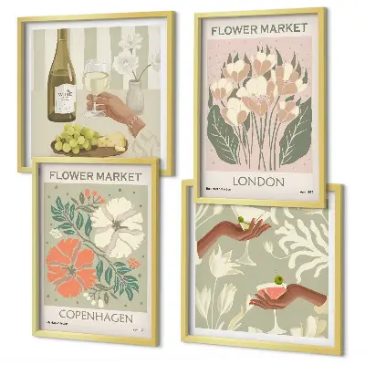 Blomsterplakat med vinby-motiv til væggen over sofaen