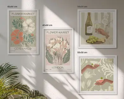 Blomsterplakat med vinby-motiv til væggen over sofaen