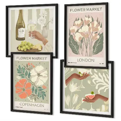 Blomsterplakat med vinby-motiv til væggen over sofaen