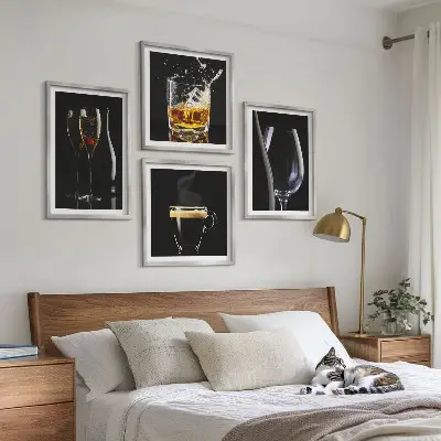 Billedsæt med ramme motiver med whisky vin champagne og kaffe